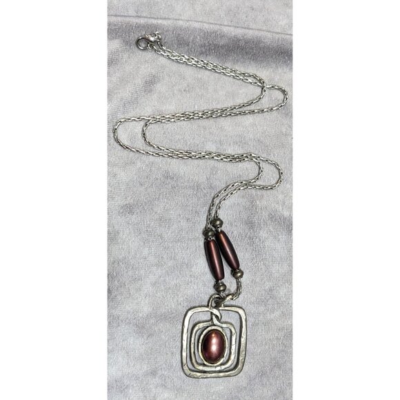 Brutalist Abstract Silver Tone Pendant Necklace With Burgundy Metallic Accents - Picture 8 of 8